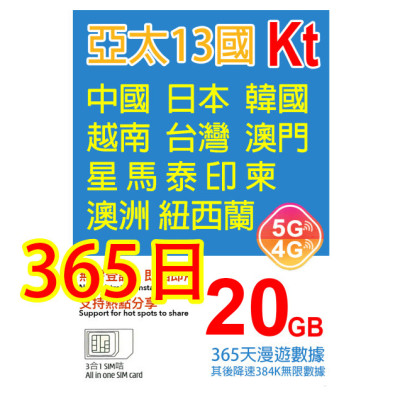 KT 日本 韓國 澳門 台灣 星加坡 馬來西亞 印尼 越南 泰國 柬埔寨 澳洲 紐西蘭 中國 365日5G 10GB之後降速384K無限數據《購買2張免費順豐》 上網卡數據卡Sim卡電話咭data